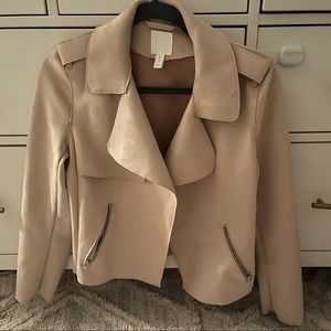 H&M Light Beige Suede Cropped Short Moto Jacket, Size XS